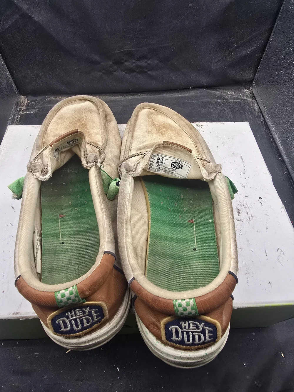 Hey Dude Beige Slip-On Loafers with Green Insoles